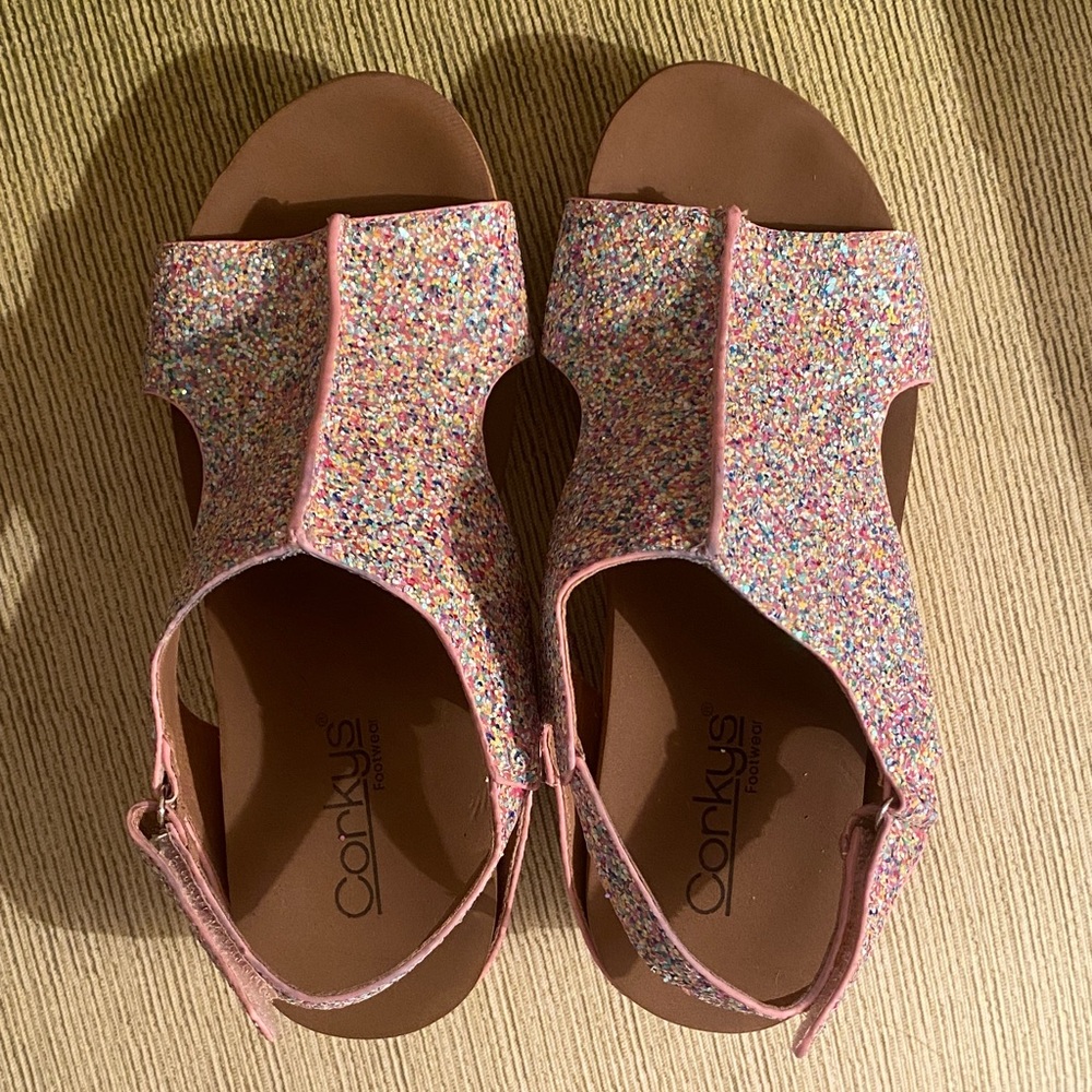 Corkys Pink Multi-Color Confetti Wedges. Good Condition. Size 6 Gorgeous Sandals - Picture 3 of 10